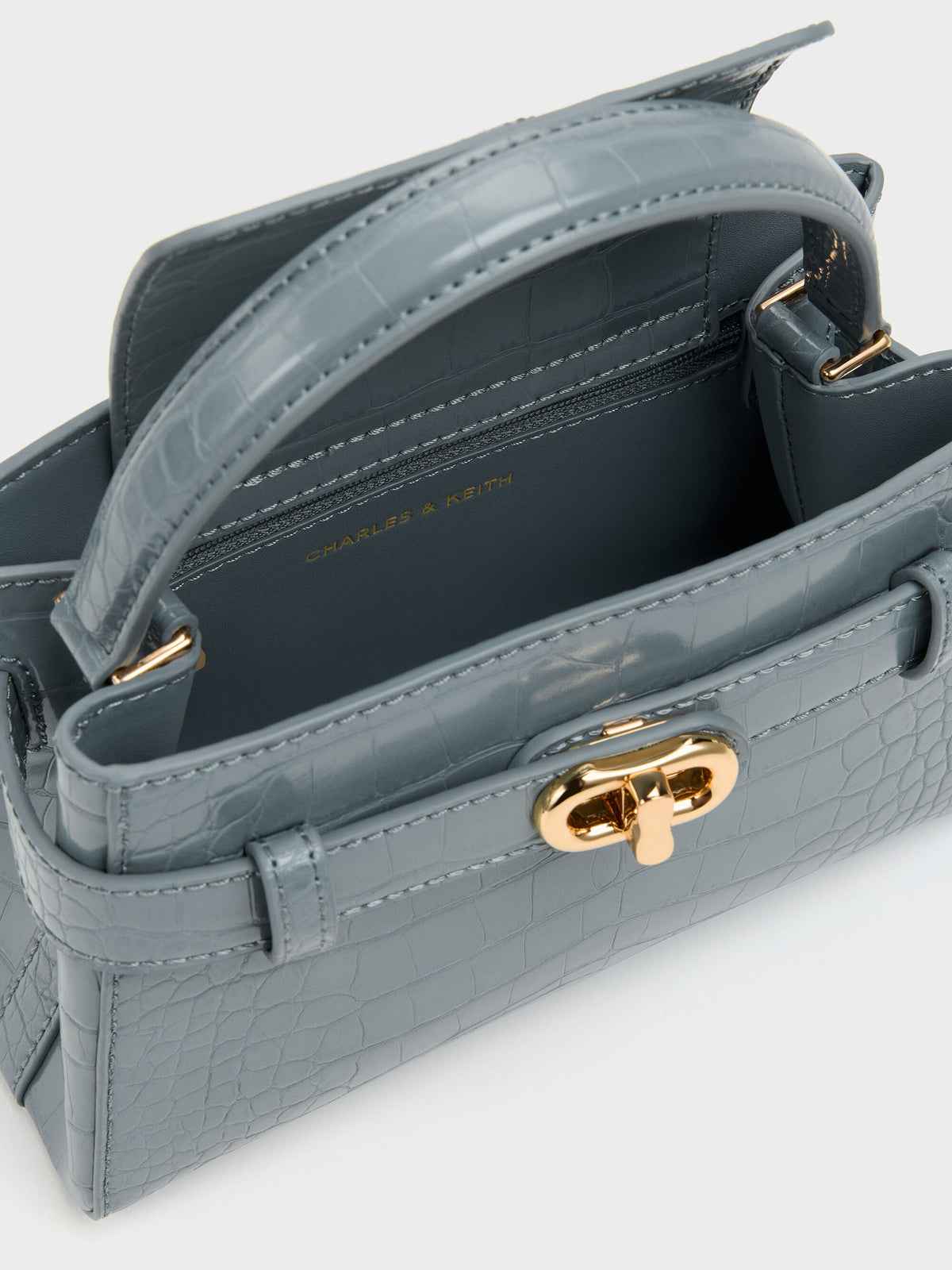 Aubrielle Croc-Effect Belted Top Handle Bag - Smoky Blue | CHARLES & KEITH
