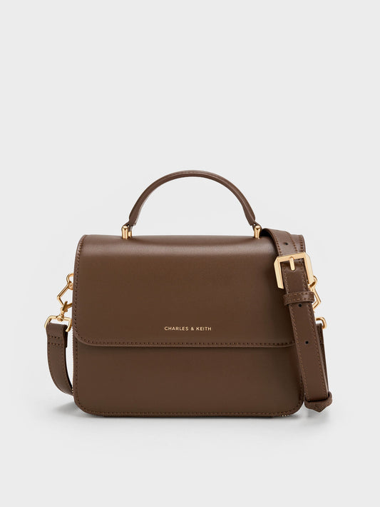 Octavia Front Flap Top Handle Bag - Dark Brown | CHARLES & KEITH