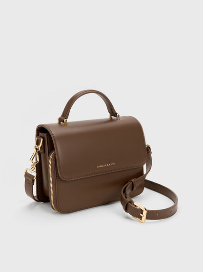 Octavia Front Flap Top Handle Bag - Dark Brown | CHARLES & KEITH