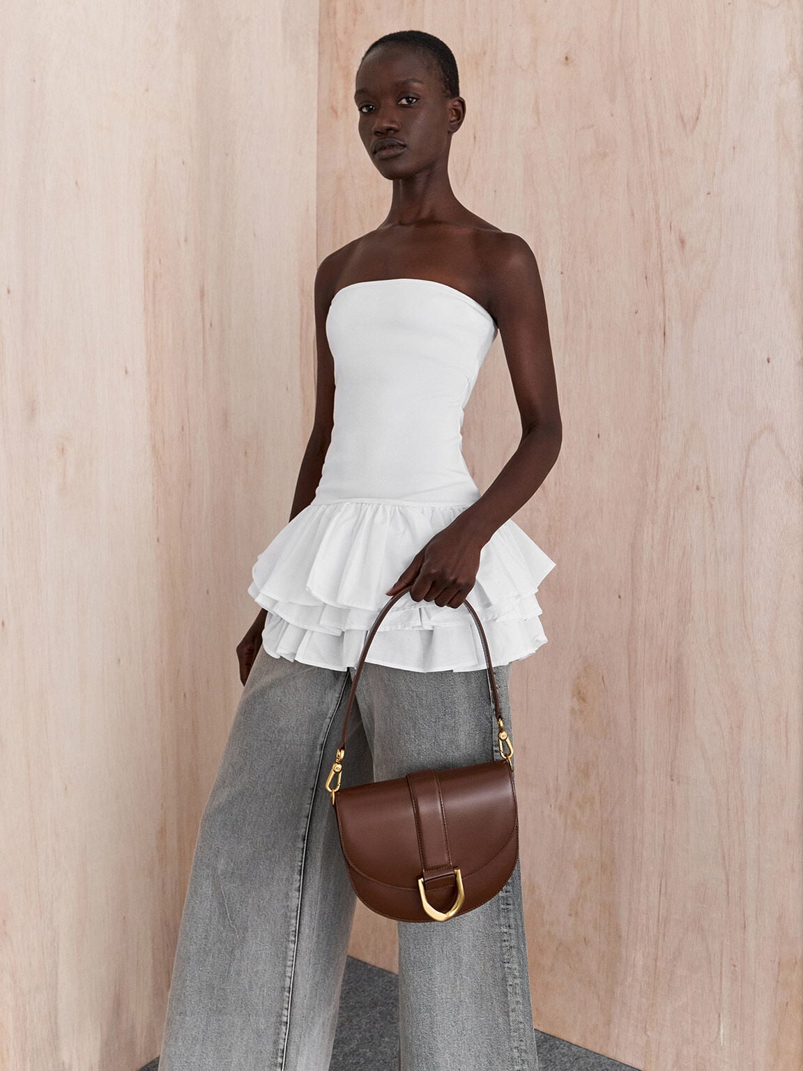 Gabine Leather Saddle Bag - Dark Brown | CHARLES & KEITH