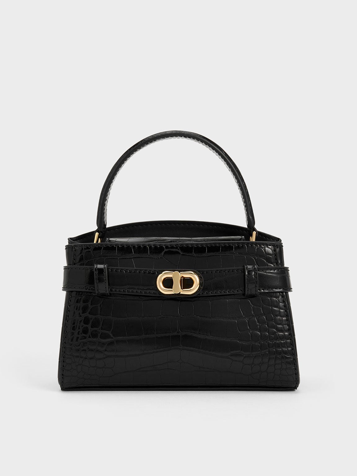 Aubrielle Croc-Effect Belted Top Handle Bag - Black | CHARLES & KEITH
