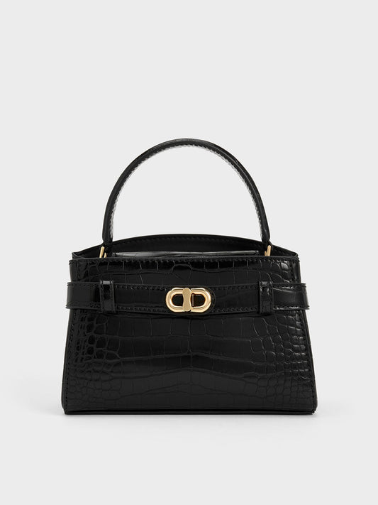 Aubrielle Croc-Effect Belted Top Handle Bag - Black | CHARLES & KEITH