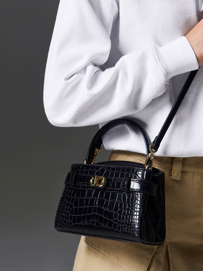 Aubrielle Croc-Effect Belted Top Handle Bag - Black | CHARLES & KEITH