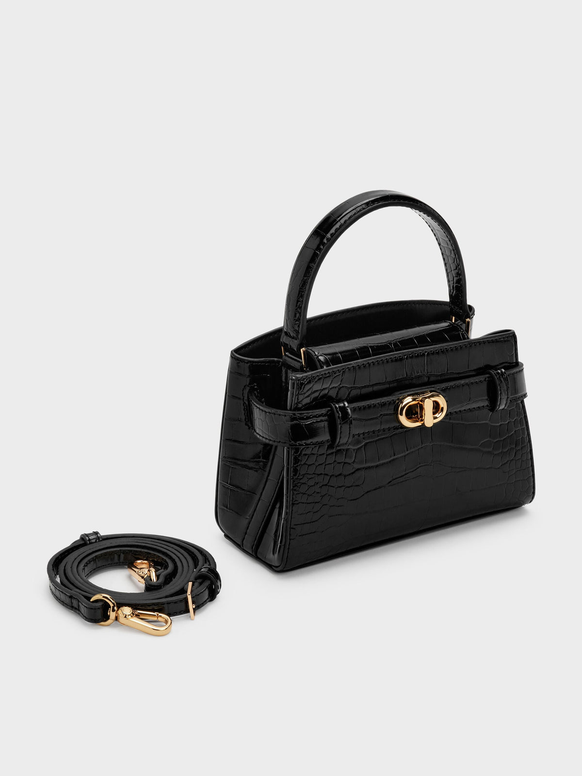 Aubrielle Croc-Effect Belted Top Handle Bag - Black | CHARLES & KEITH