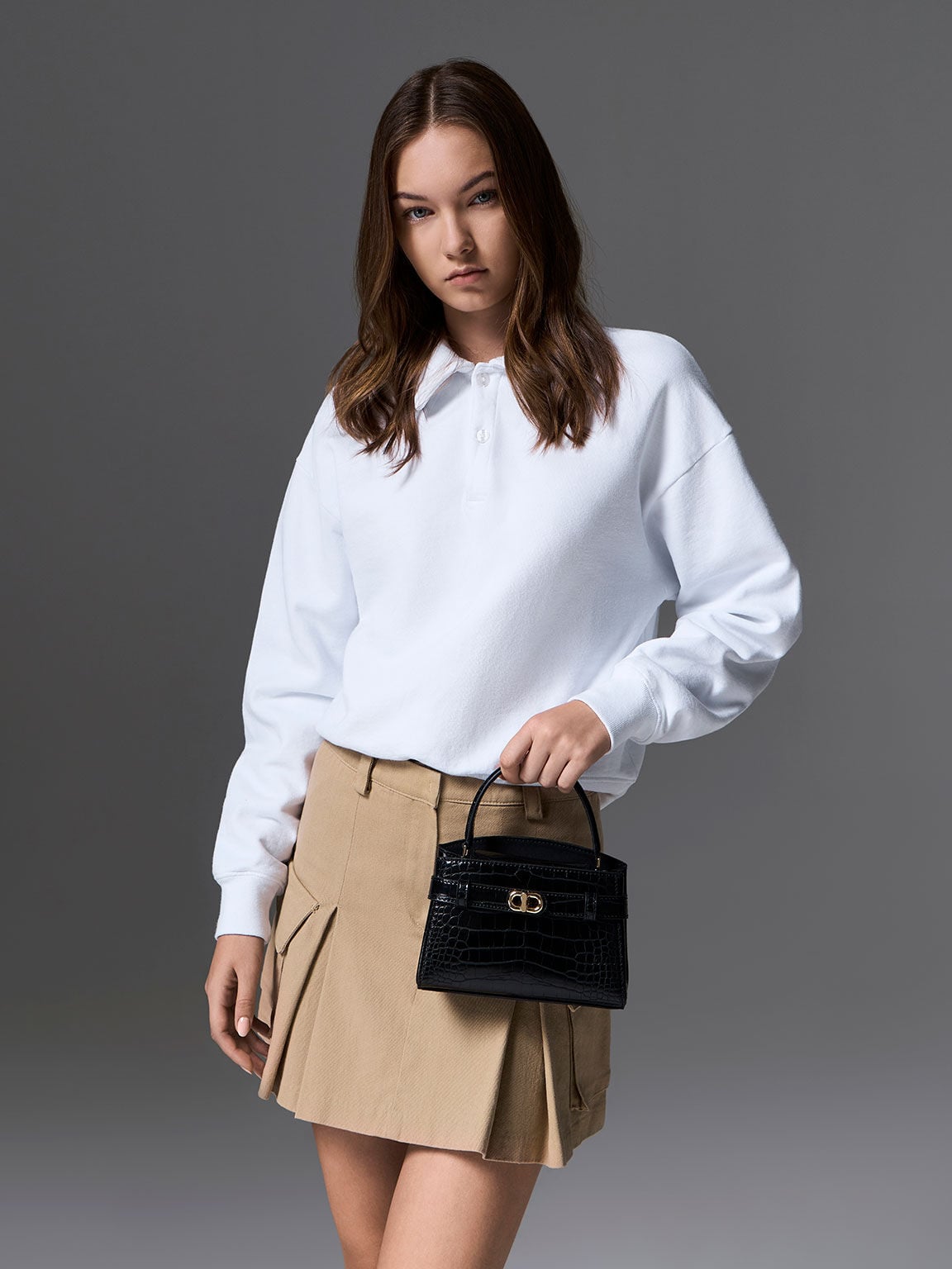 Aubrielle Croc-Effect Belted Top Handle Bag - Black | CHARLES & KEITH