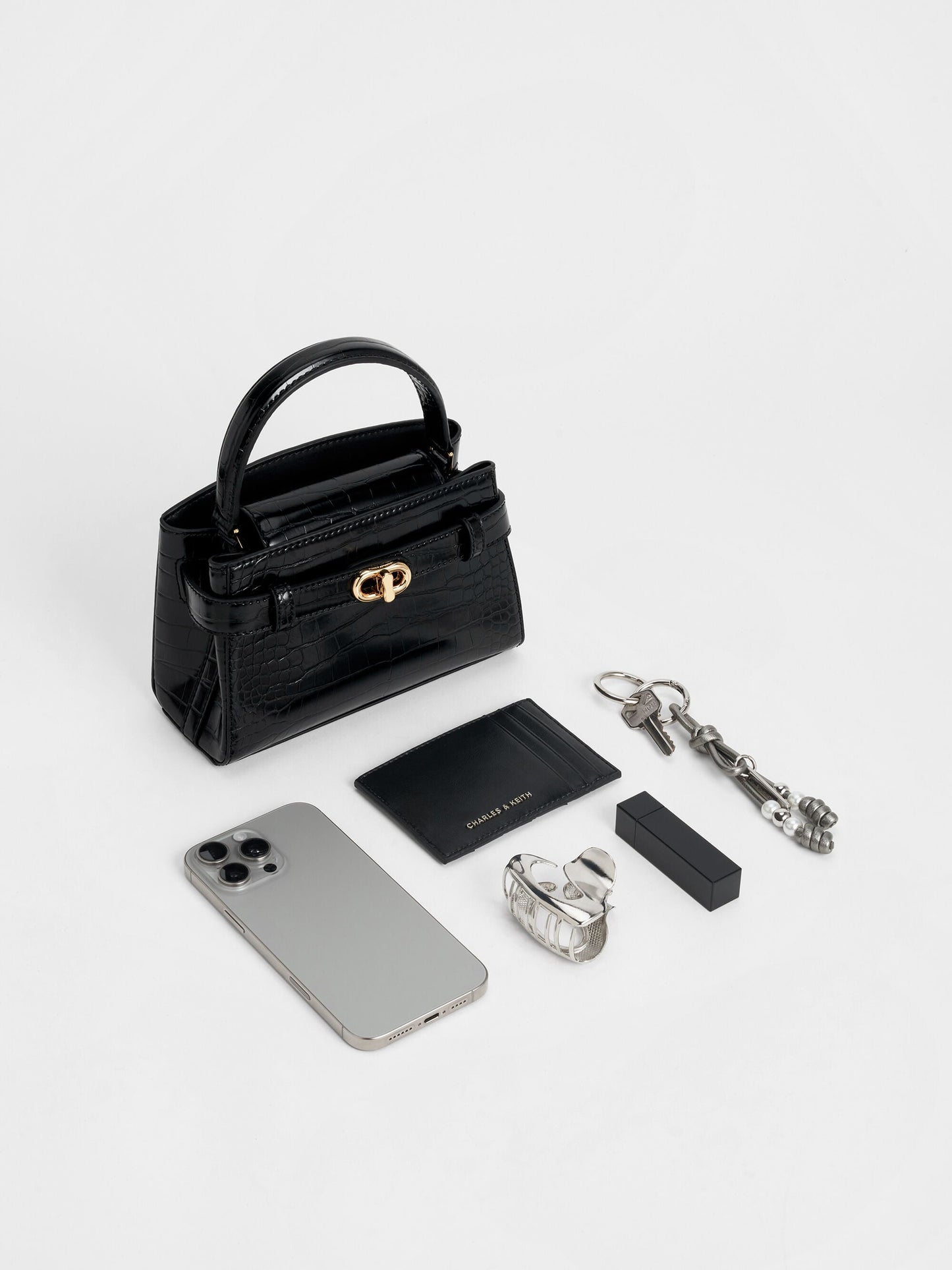 Aubrielle Croc-Effect Belted Top Handle Bag - Black | CHARLES & KEITH