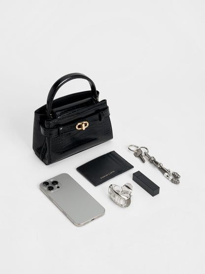 Aubrielle Croc-Effect Belted Top Handle Bag - Black | CHARLES & KEITH