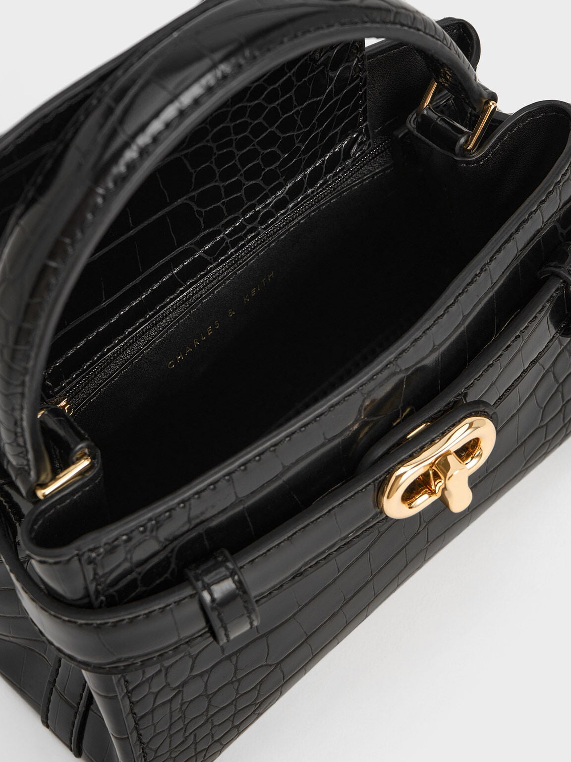 Aubrielle Croc-Effect Belted Top Handle Bag - Black | CHARLES & KEITH