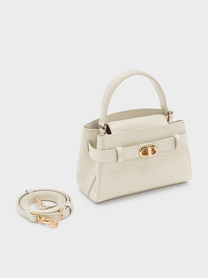 Aubrielle Croc-Effect Belted Top Handle Bag - Ivory | CHARLES & KEITH