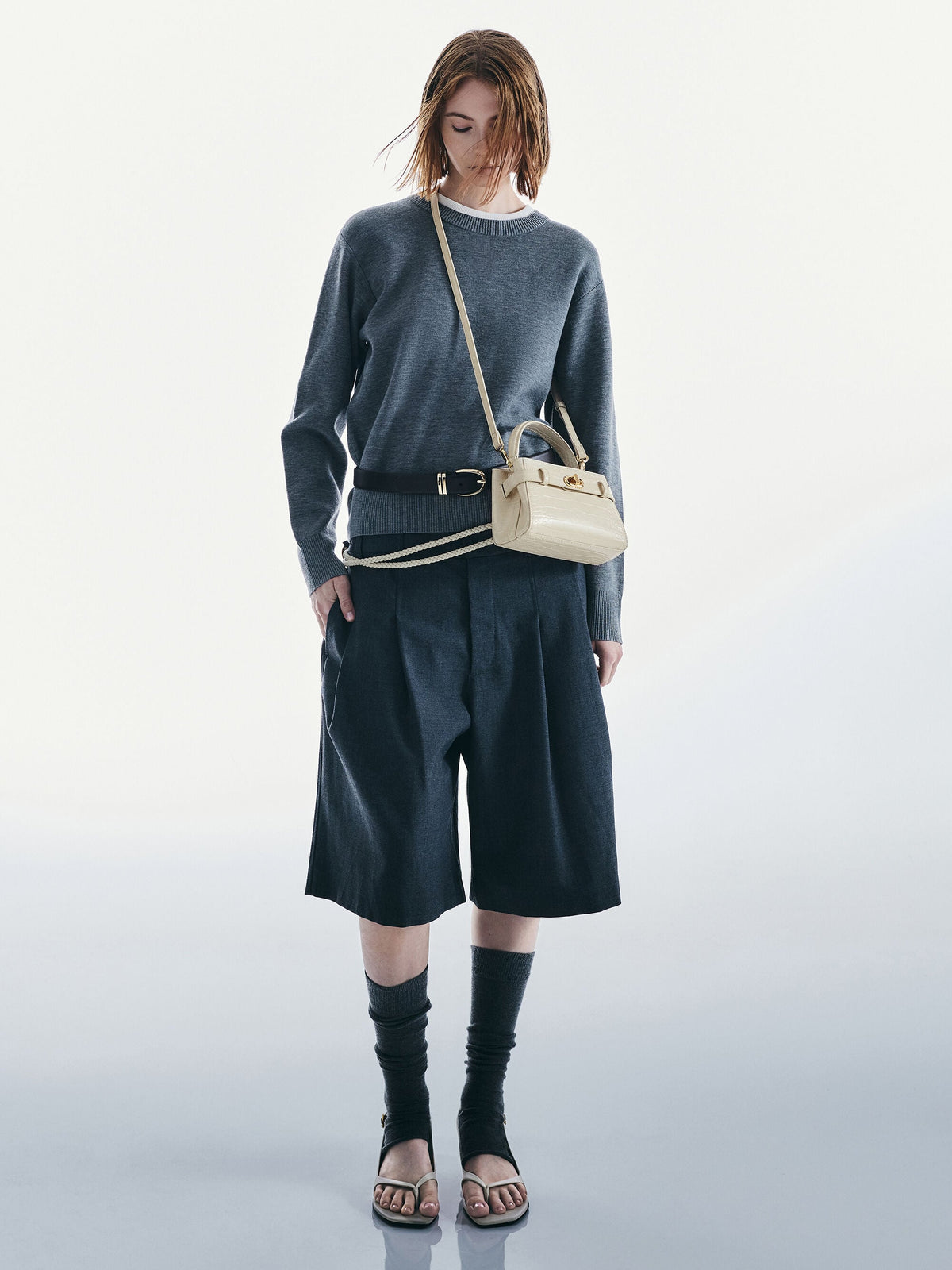 Aubrielle Croc-Effect Belted Top Handle Bag - Ivory | CHARLES & KEITH