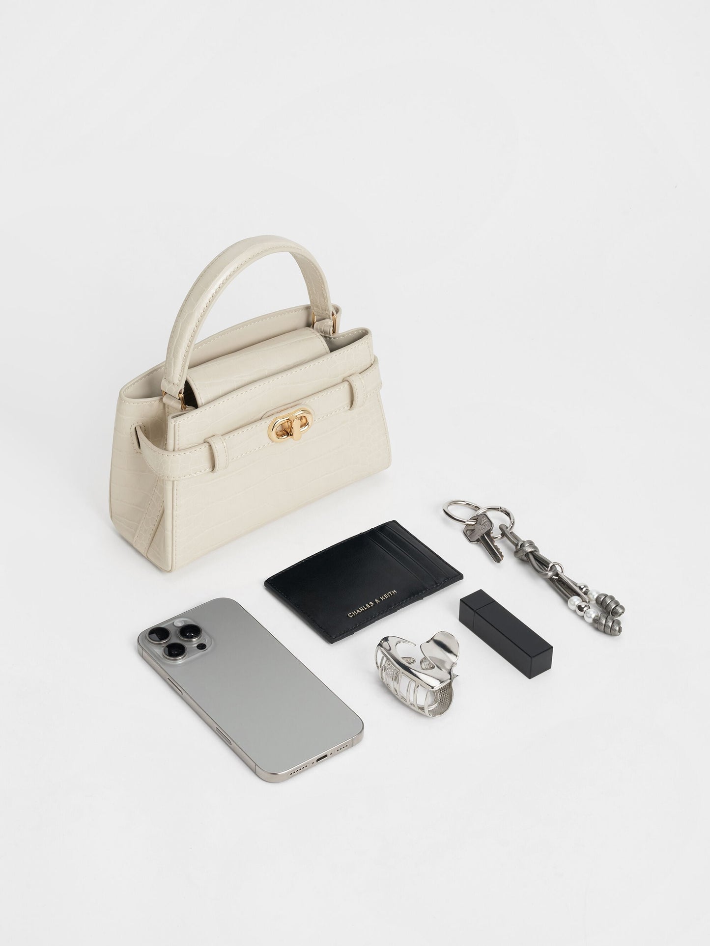 Aubrielle Croc-Effect Belted Top Handle Bag - Ivory | CHARLES & KEITH