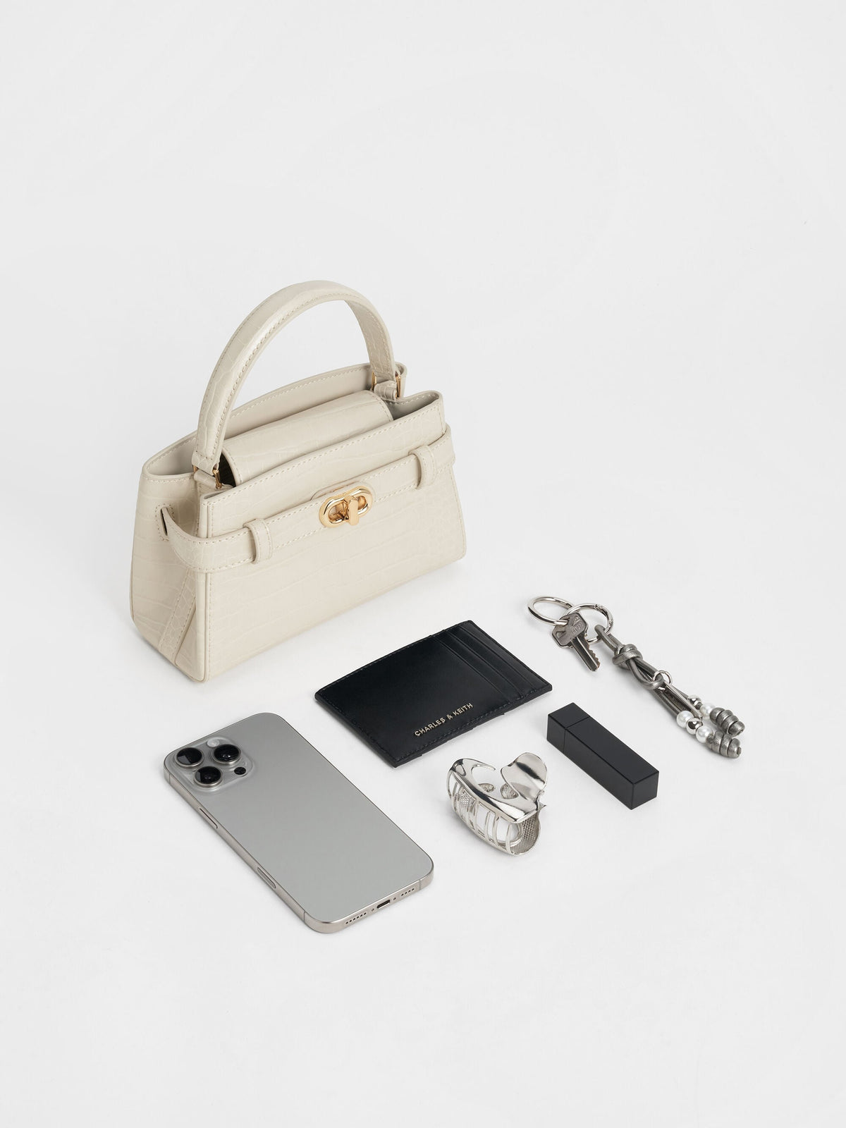Aubrielle Croc-Effect Belted Top Handle Bag - Ivory | CHARLES & KEITH
