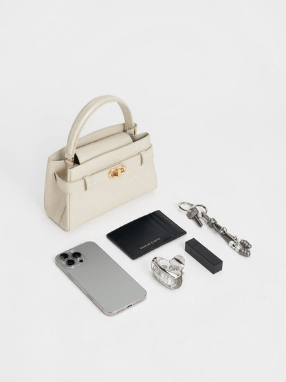 Aubrielle Croc-Effect Belted Top Handle Bag - Ivory | CHARLES & KEITH