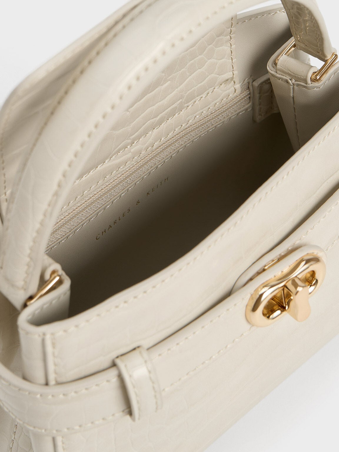 Aubrielle Croc-Effect Belted Top Handle Bag - Ivory | CHARLES & KEITH