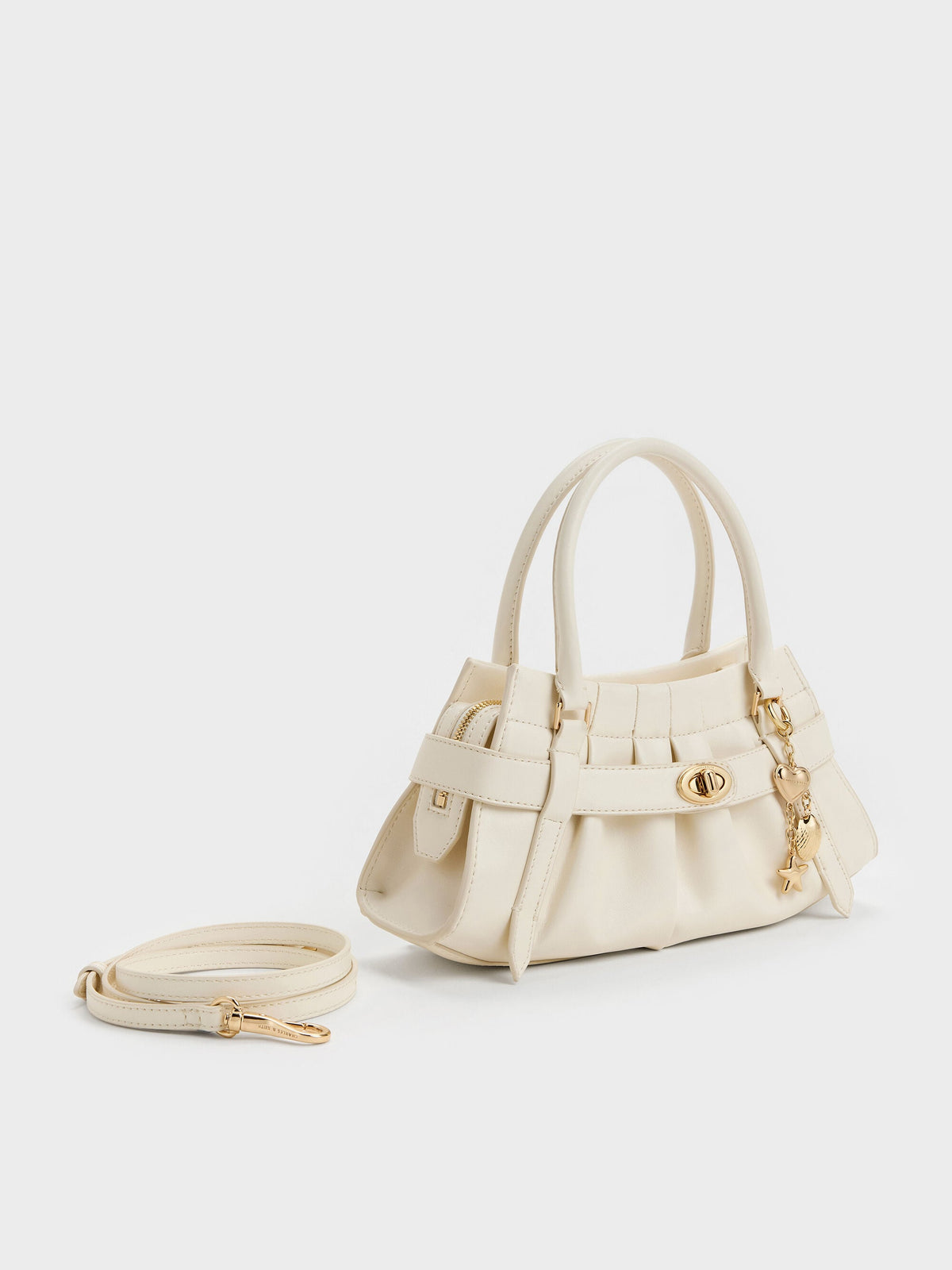 Isolde Belted Ruched Crossbody Bag - Cream | CHARLES & KEITH