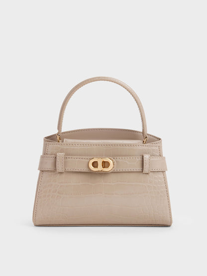 Aubrielle Croc-Effect Belted Top Handle Bag - Taupe | CHARLES & KEITH
