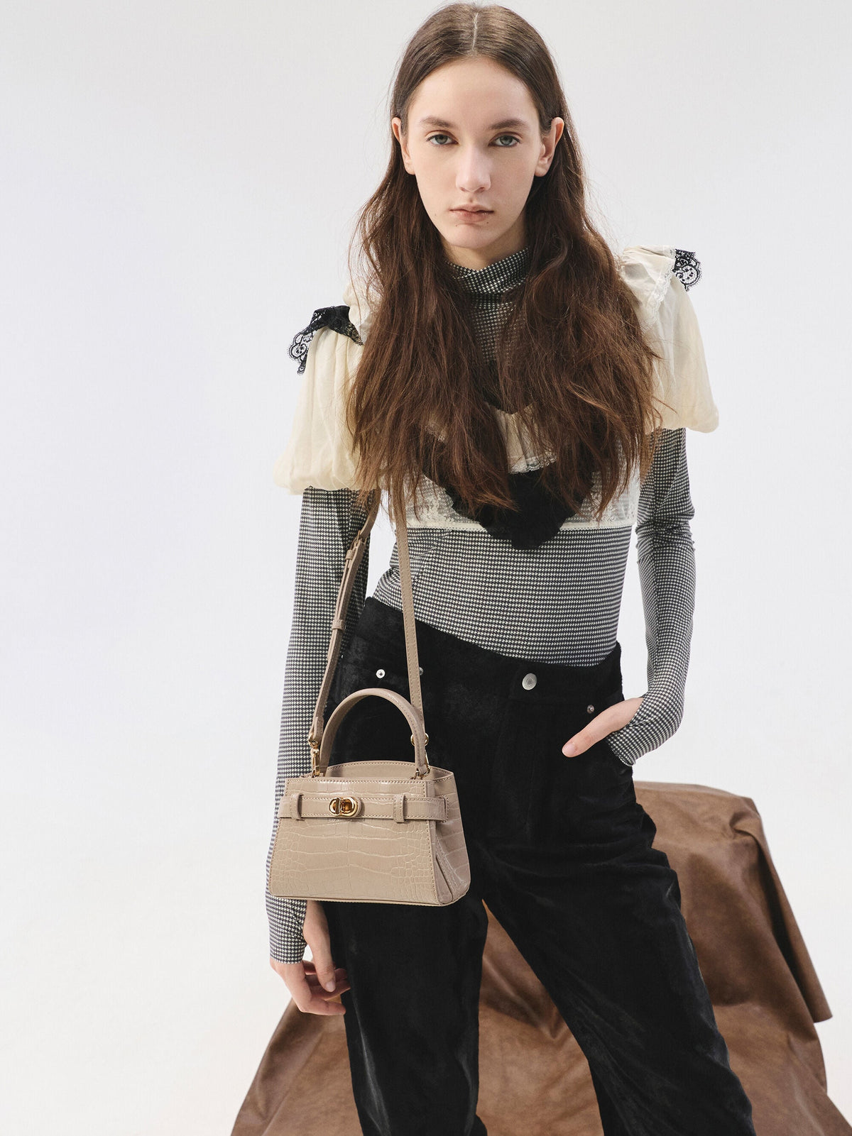 Aubrielle Croc-Effect Belted Top Handle Bag - Taupe | CHARLES & KEITH