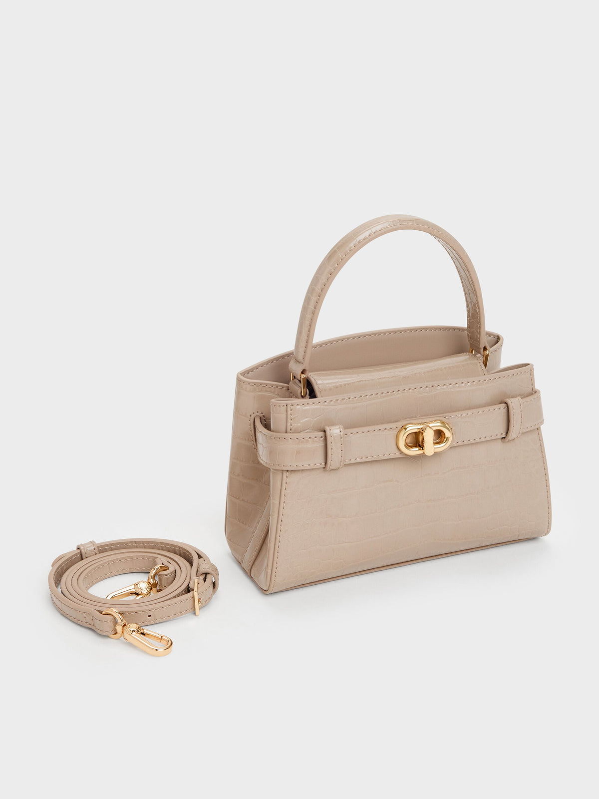 Aubrielle Croc-Effect Belted Top Handle Bag - Taupe | CHARLES & KEITH