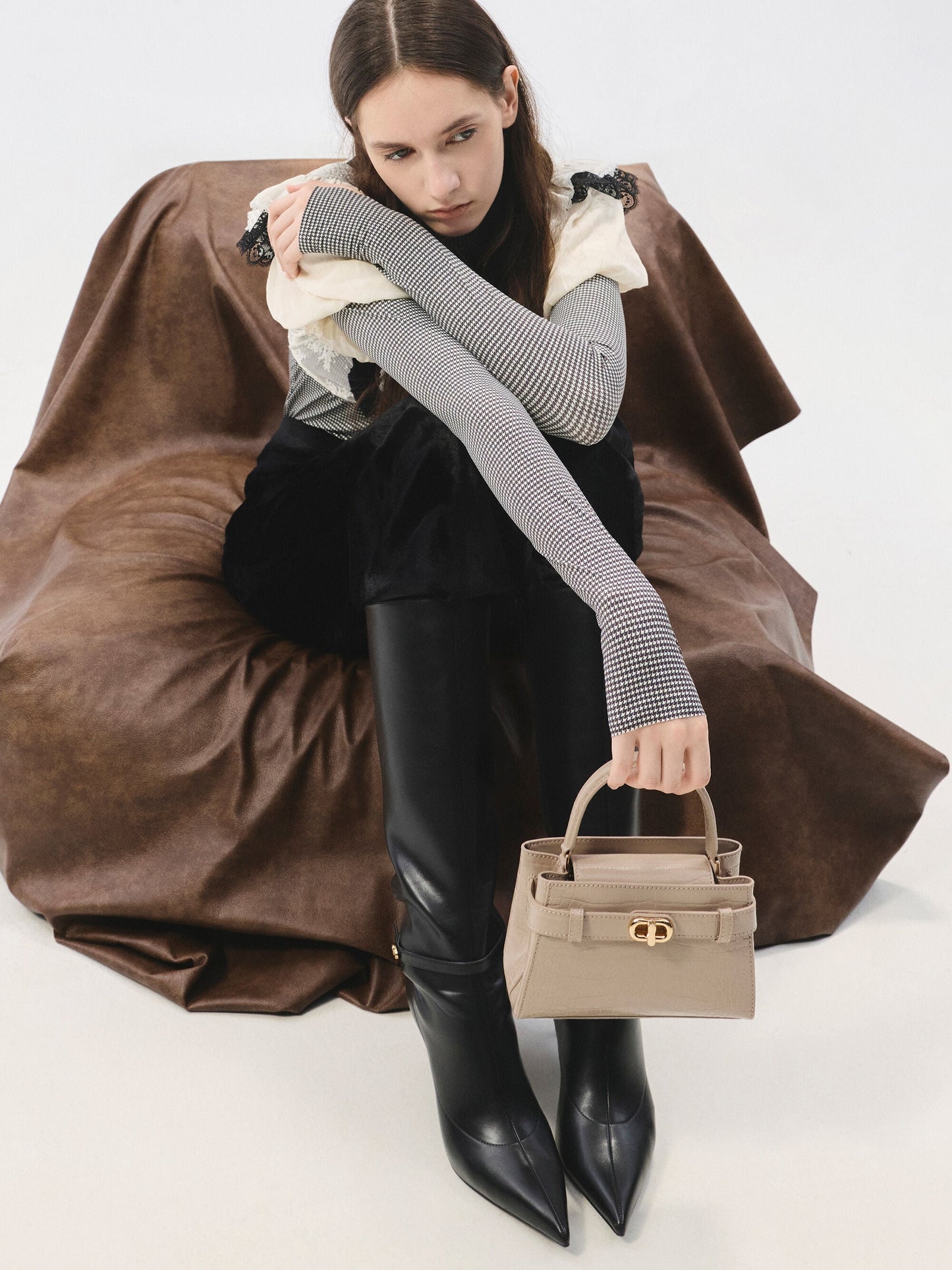 Aubrielle Croc-Effect Belted Top Handle Bag - Taupe | CHARLES & KEITH