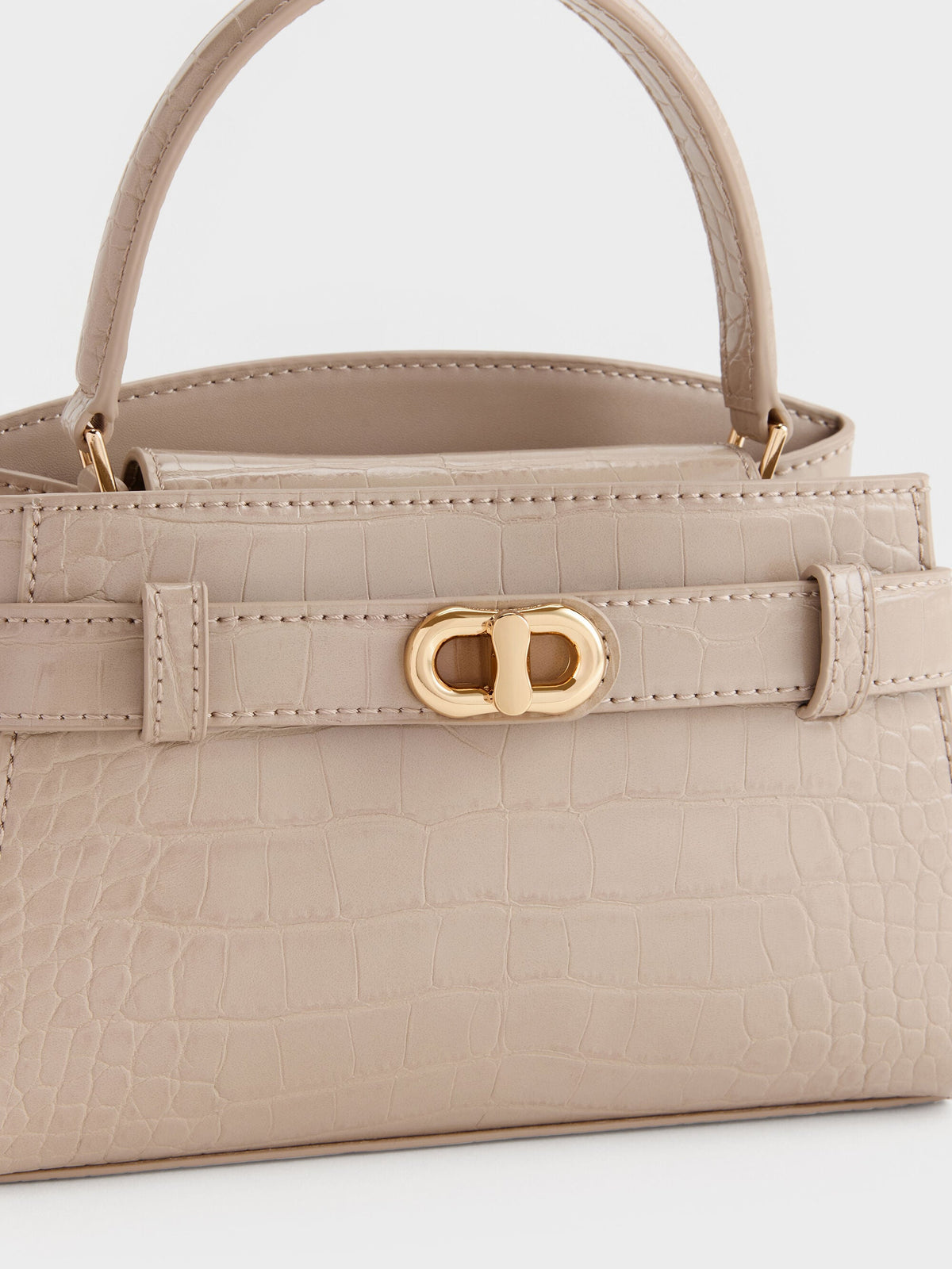 Aubrielle Croc-Effect Belted Top Handle Bag - Taupe | CHARLES & KEITH