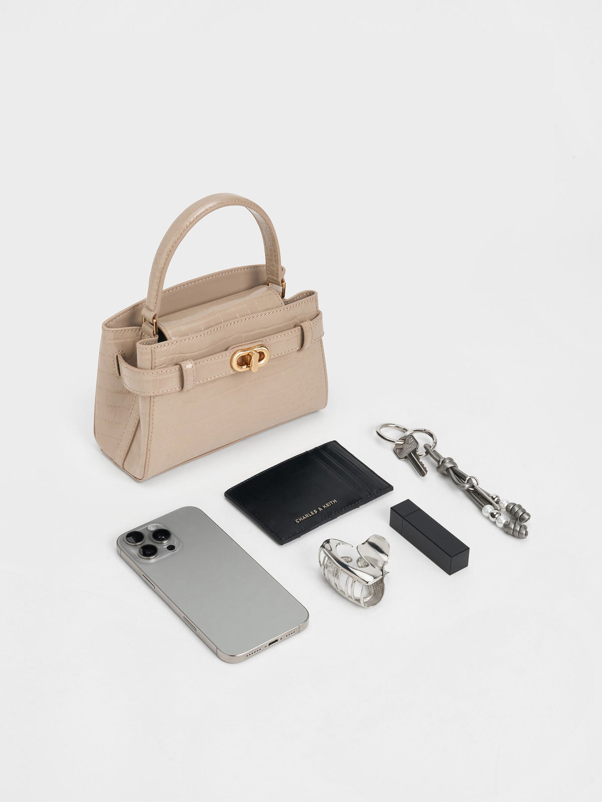 Aubrielle Croc-Effect Belted Top Handle Bag - Taupe | CHARLES & KEITH
