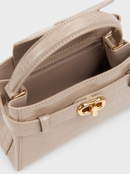 Aubrielle Croc-Effect Belted Top Handle Bag - Taupe | CHARLES & KEITH