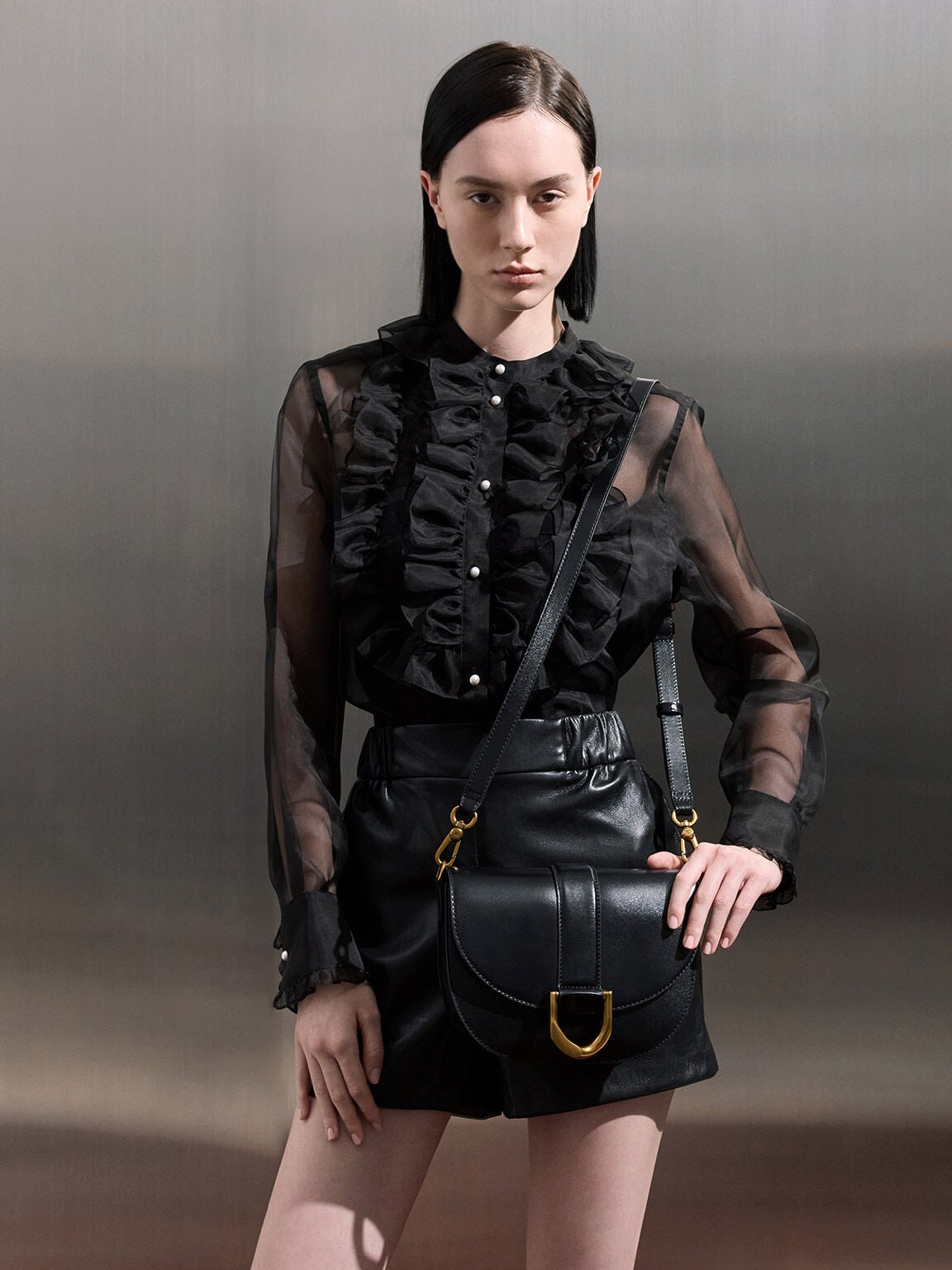 Gabine Leather Saddle Bag - Black | CHARLES & KEITH