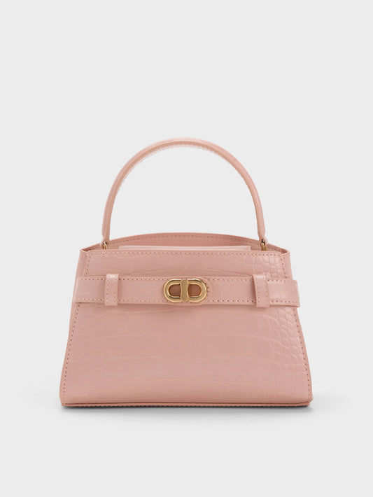 Aubrielle Croc-Effect Belted Top Handle Bag - Light Pink | CHARLES & KEITH