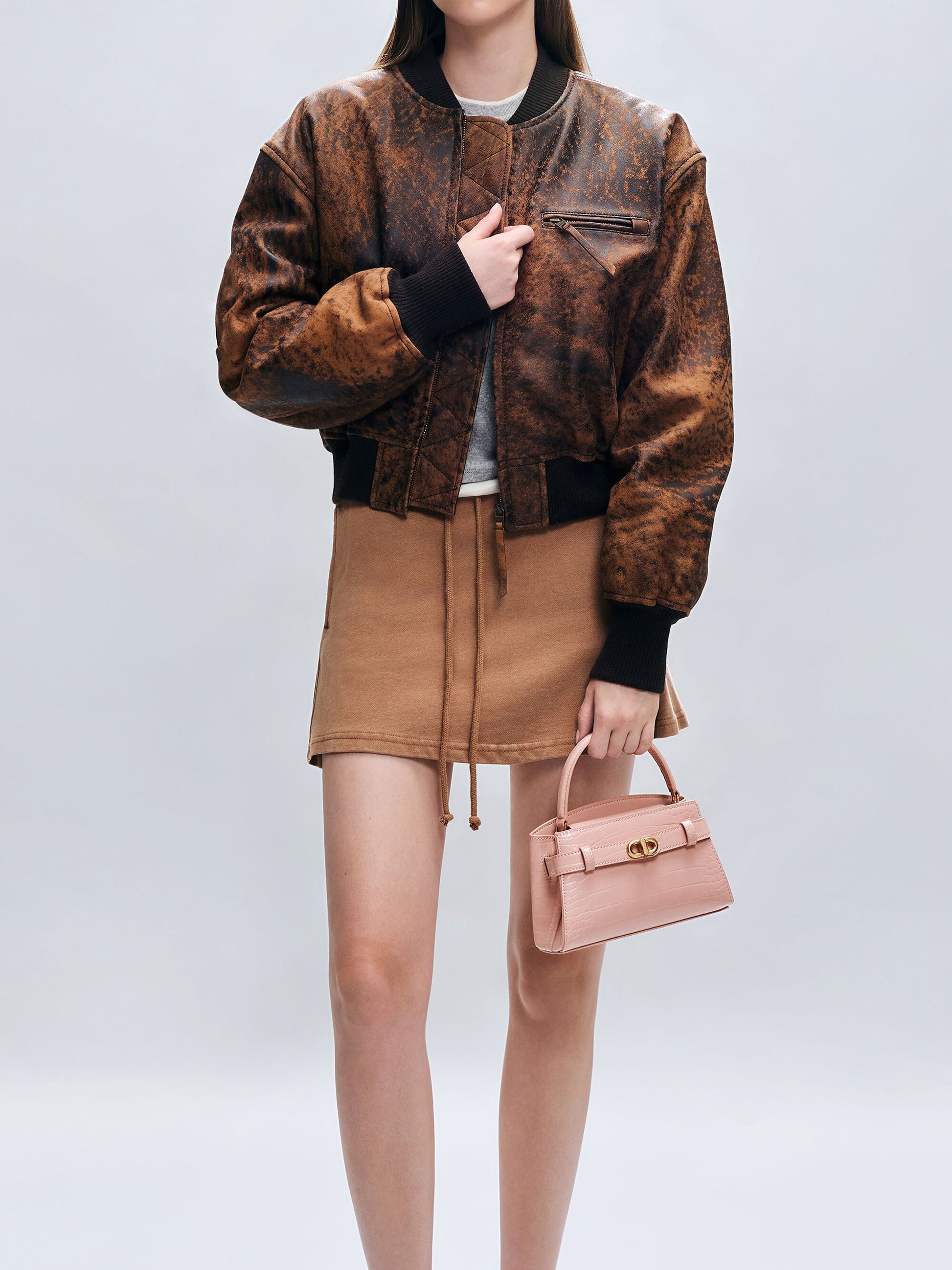 Aubrielle Croc-Effect Belted Top Handle Bag - Light Pink | CHARLES & KEITH