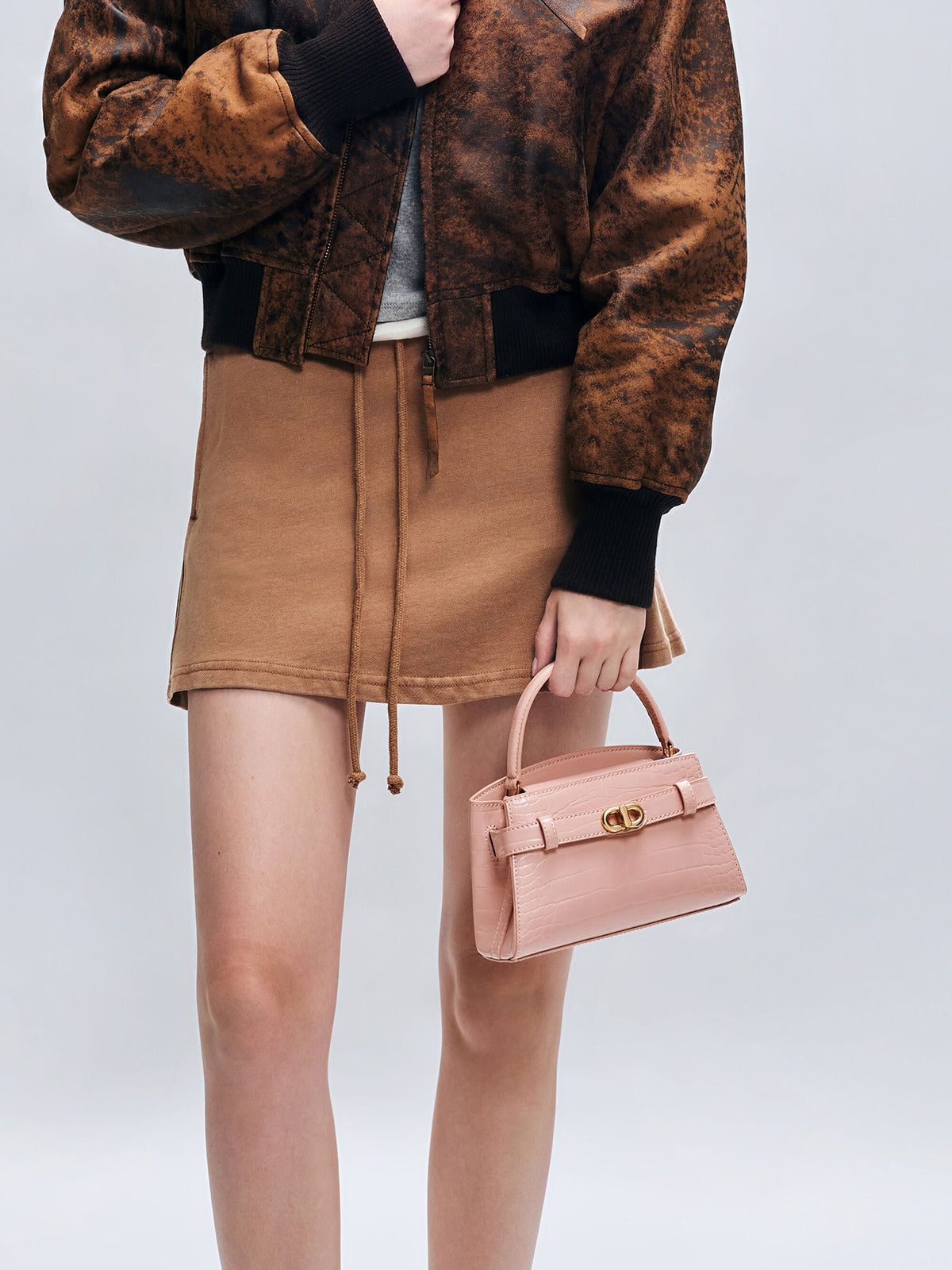 Aubrielle Croc-Effect Belted Top Handle Bag - Light Pink | CHARLES & KEITH