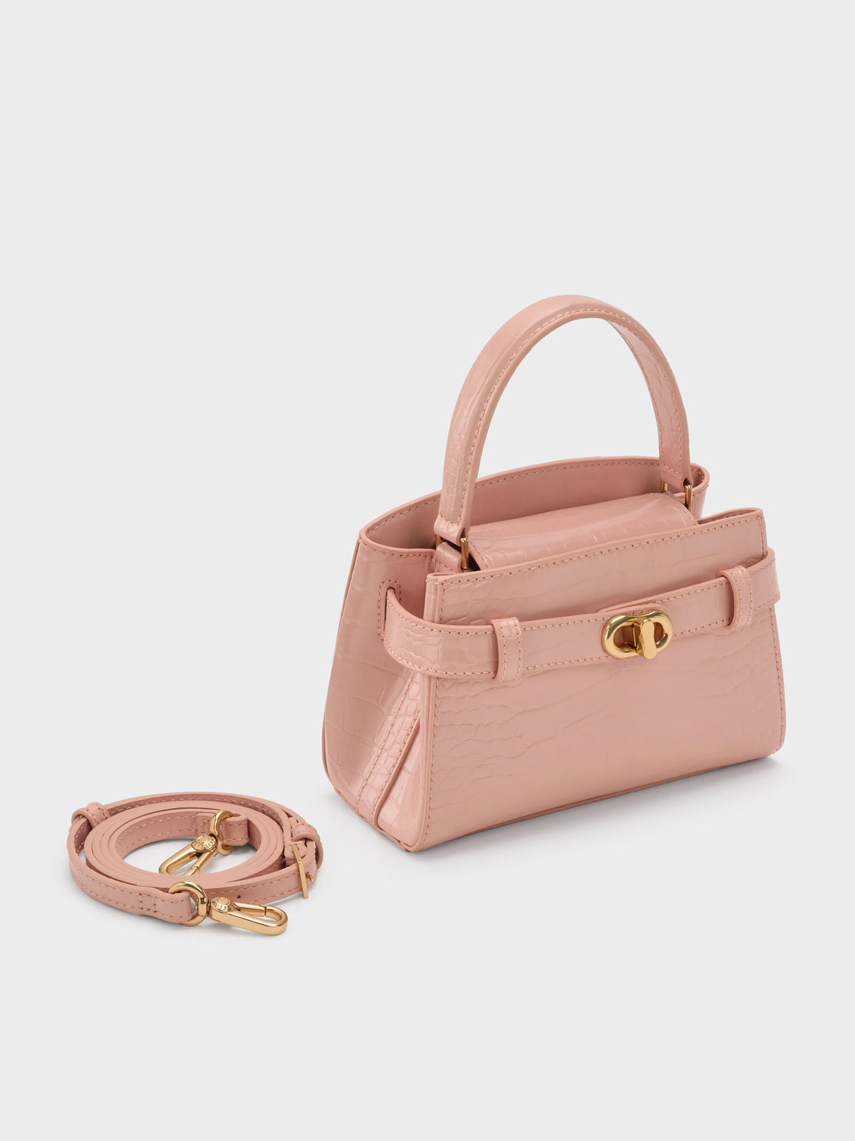 Aubrielle Croc-Effect Belted Top Handle Bag - Light Pink | CHARLES & KEITH