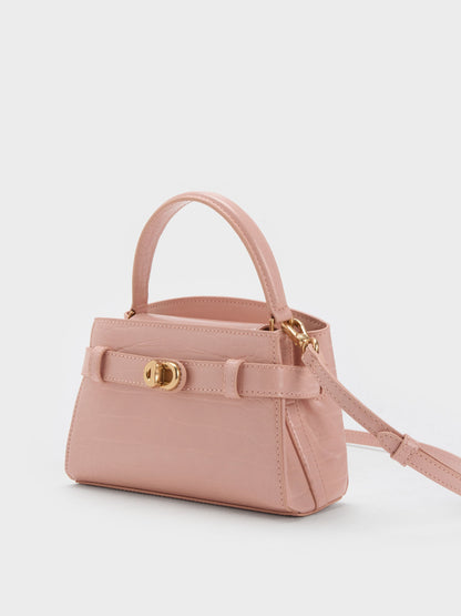 Aubrielle Croc-Effect Belted Top Handle Bag - Light Pink | CHARLES & KEITH