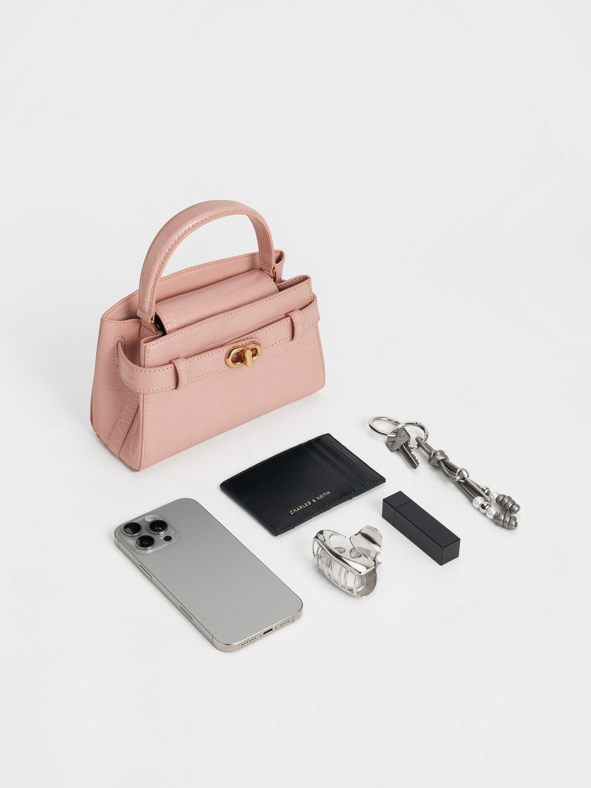 Aubrielle Croc-Effect Belted Top Handle Bag - Light Pink | CHARLES & KEITH