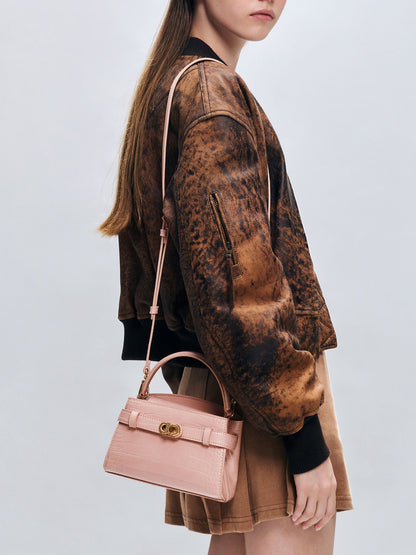 Aubrielle Croc-Effect Belted Top Handle Bag - Light Pink | CHARLES & KEITH