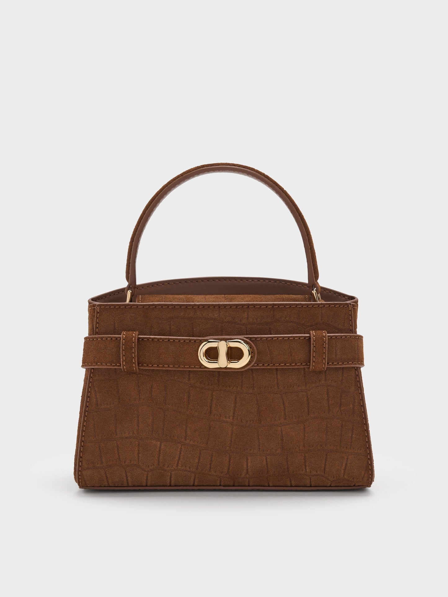 Aubrielle Croc-Effect Belted Top Handle Bag - Chocolate | CHARLES & KEITH