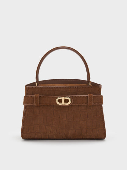 Aubrielle Croc-Effect Belted Top Handle Bag - Chocolate | CHARLES & KEITH