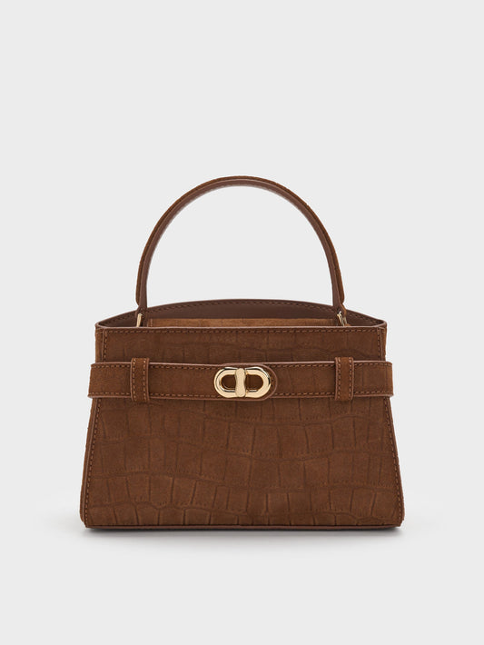 Aubrielle Croc-Effect Belted Top Handle Bag - Chocolate | CHARLES & KEITH