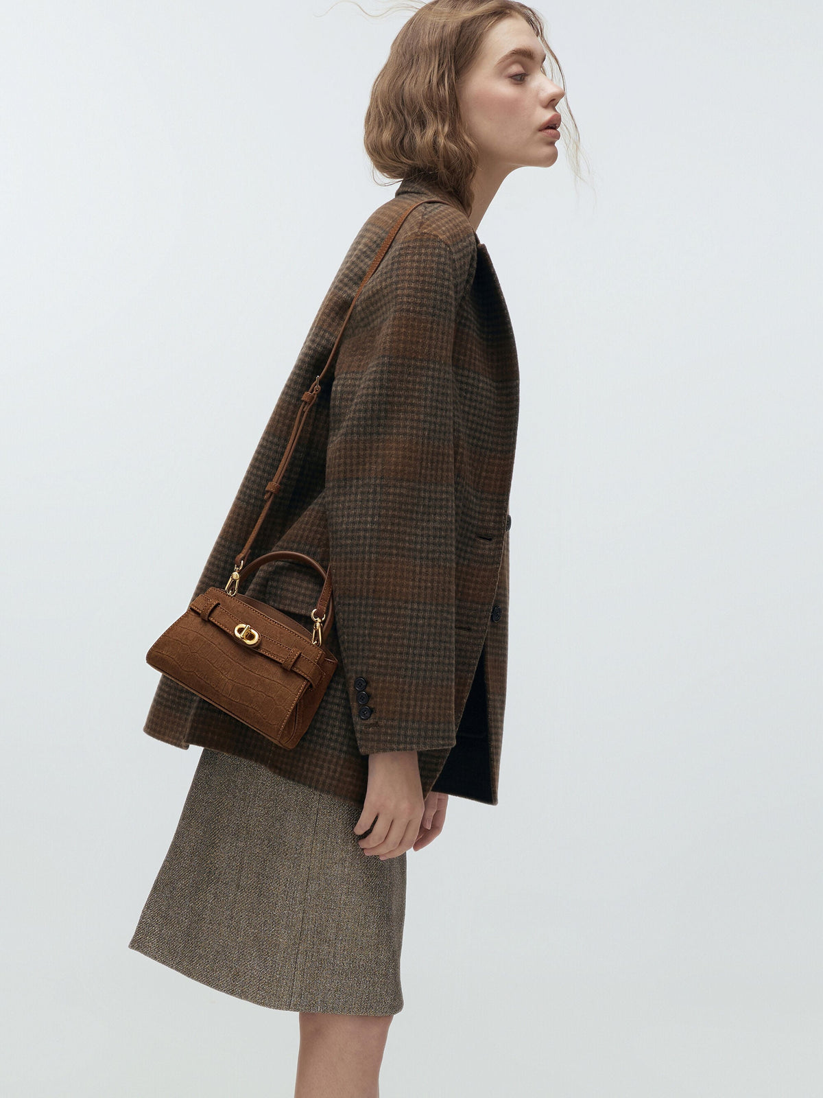 Aubrielle Croc-Effect Belted Top Handle Bag - Chocolate | CHARLES & KEITH