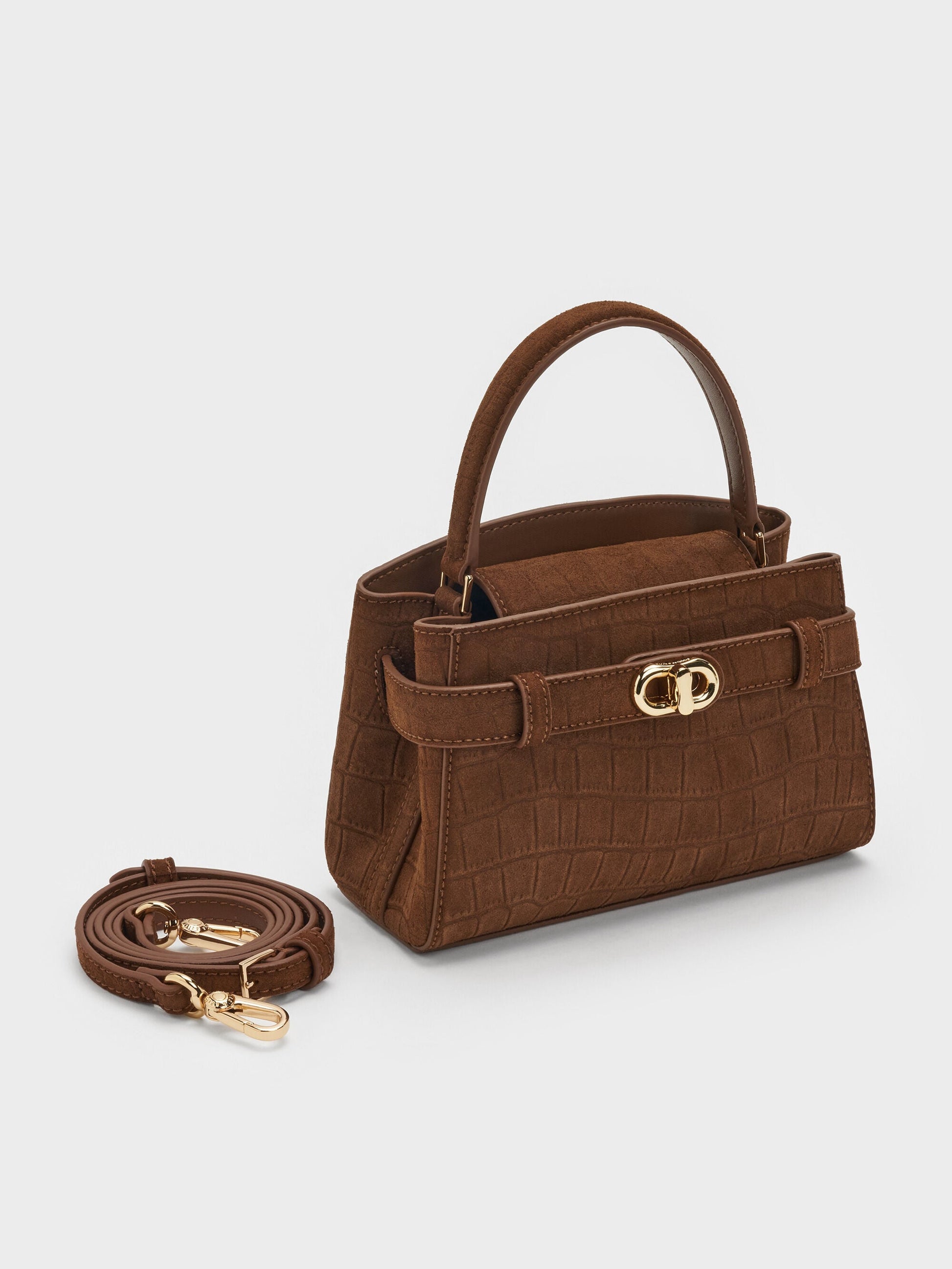 Aubrielle Croc-Effect Belted Top Handle Bag - Chocolate | CHARLES & KEITH
