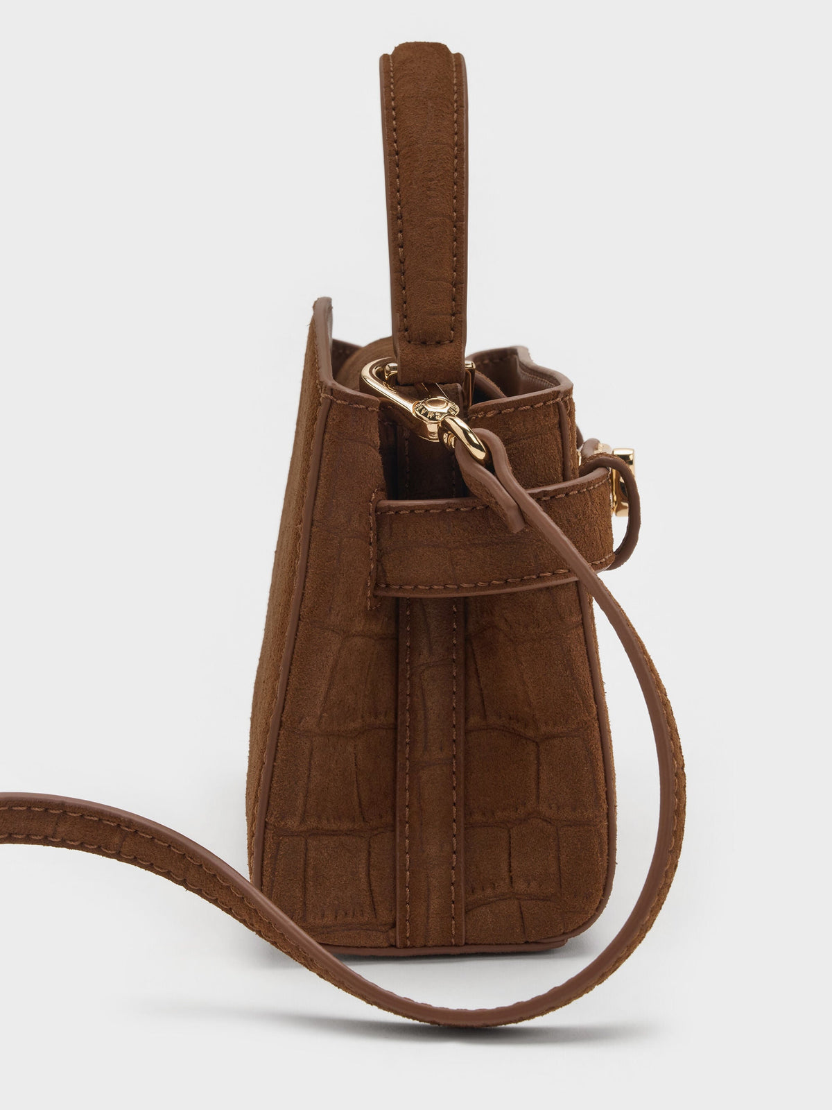 Aubrielle Croc-Effect Belted Top Handle Bag - Chocolate | CHARLES & KEITH