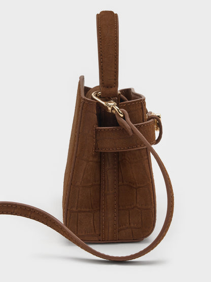 Aubrielle Croc-Effect Belted Top Handle Bag - Chocolate | CHARLES & KEITH