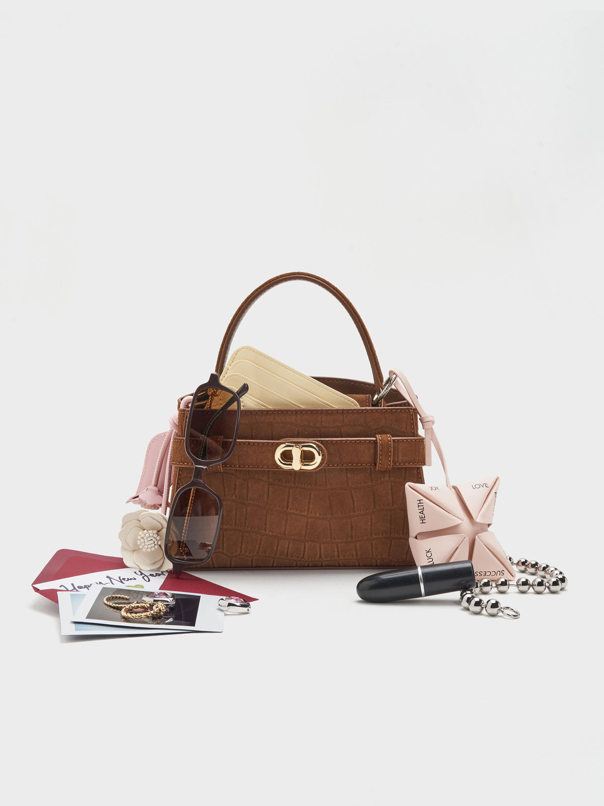Aubrielle Croc-Effect Belted Top Handle Bag - Chocolate | CHARLES & KEITH