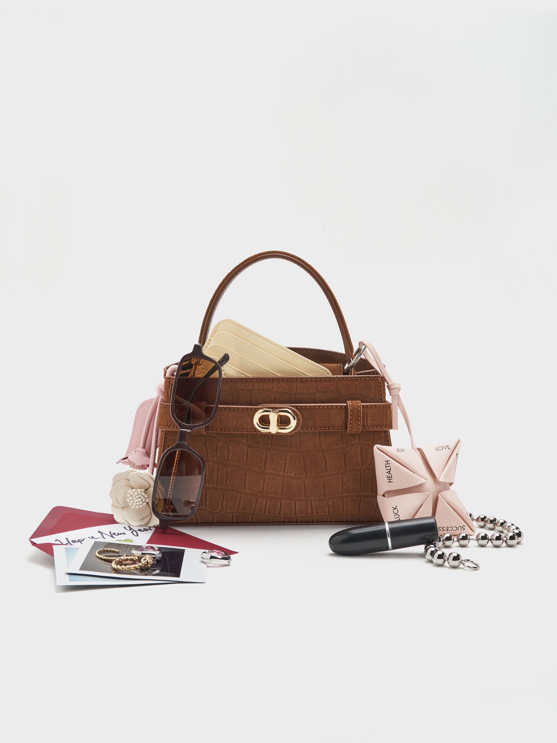 Aubrielle Croc-Effect Belted Top Handle Bag - Chocolate | CHARLES & KEITH