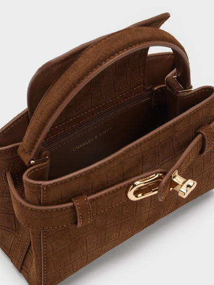Aubrielle Croc-Effect Belted Top Handle Bag - Chocolate | CHARLES & KEITH
