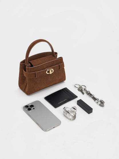 Aubrielle Croc-Effect Belted Top Handle Bag - Chocolate | CHARLES & KEITH