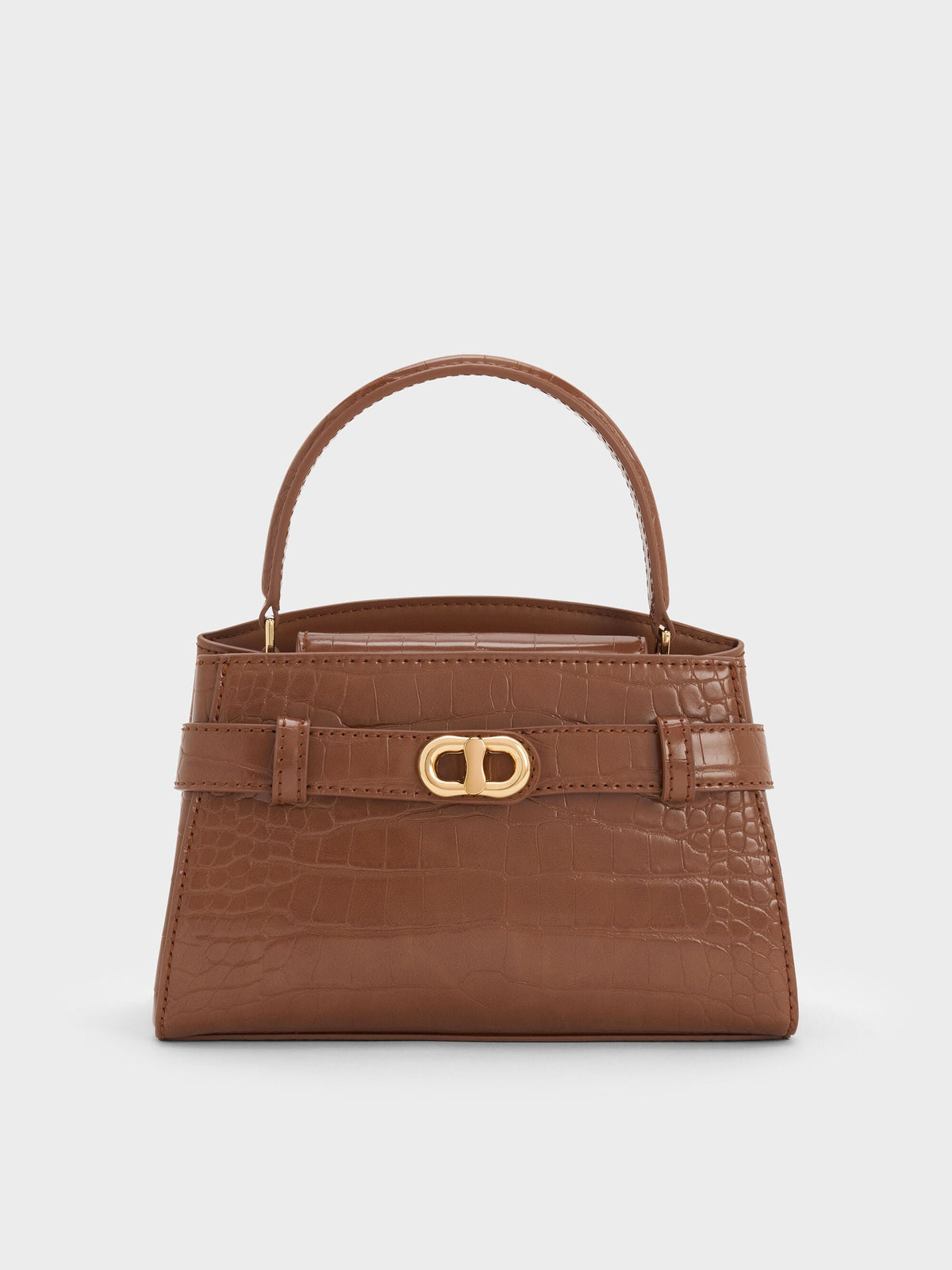 Aubrielle Croc-Effect Belted Top Handle Bag - Chocolate Croco | CHARLES & KEITH