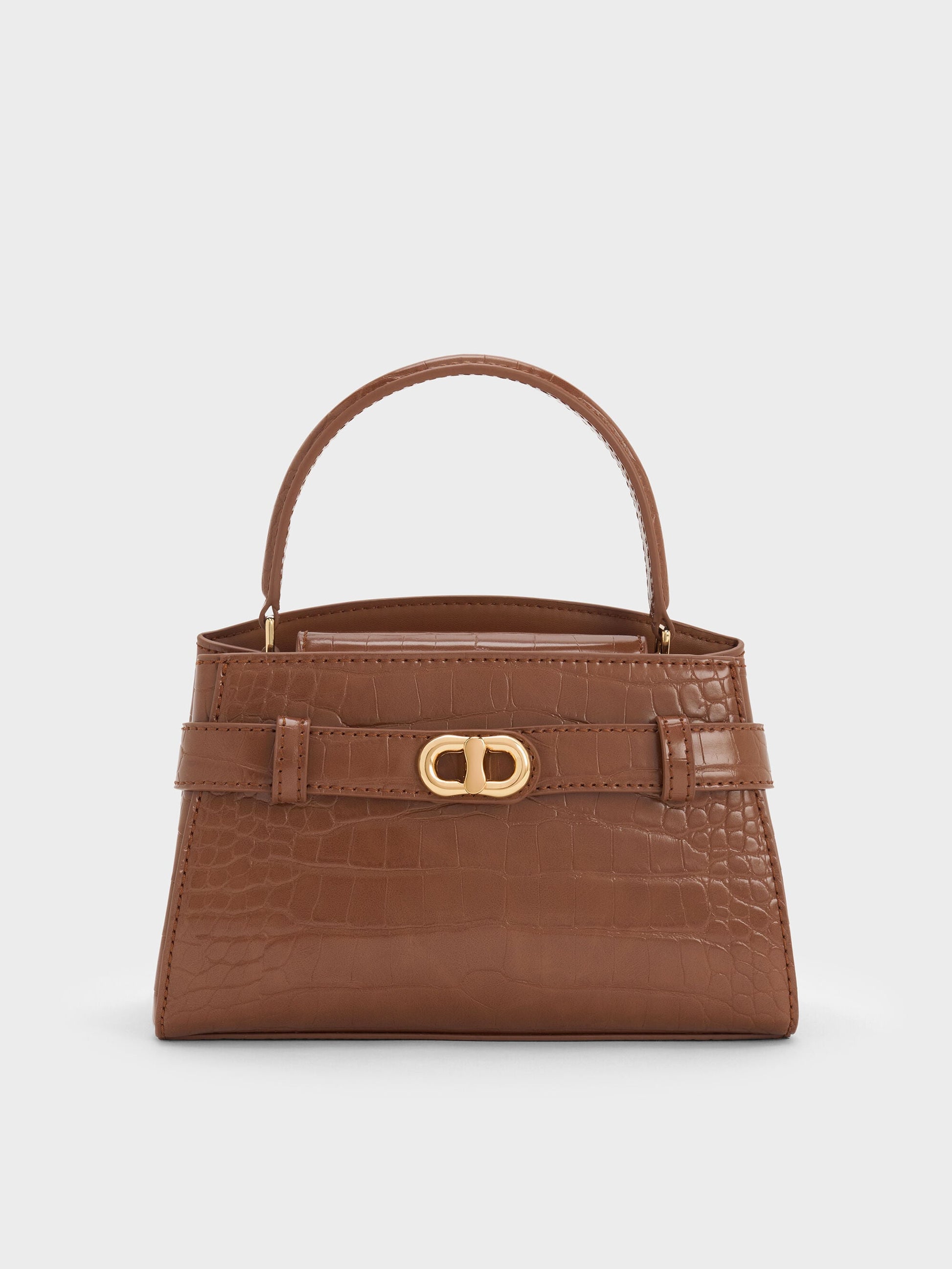 Aubrielle Croc-Effect Belted Top Handle Bag - Chocolate Croco | CHARLES & KEITH
