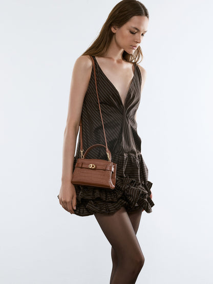 Aubrielle Croc-Effect Belted Top Handle Bag - Chocolate Croco | CHARLES & KEITH