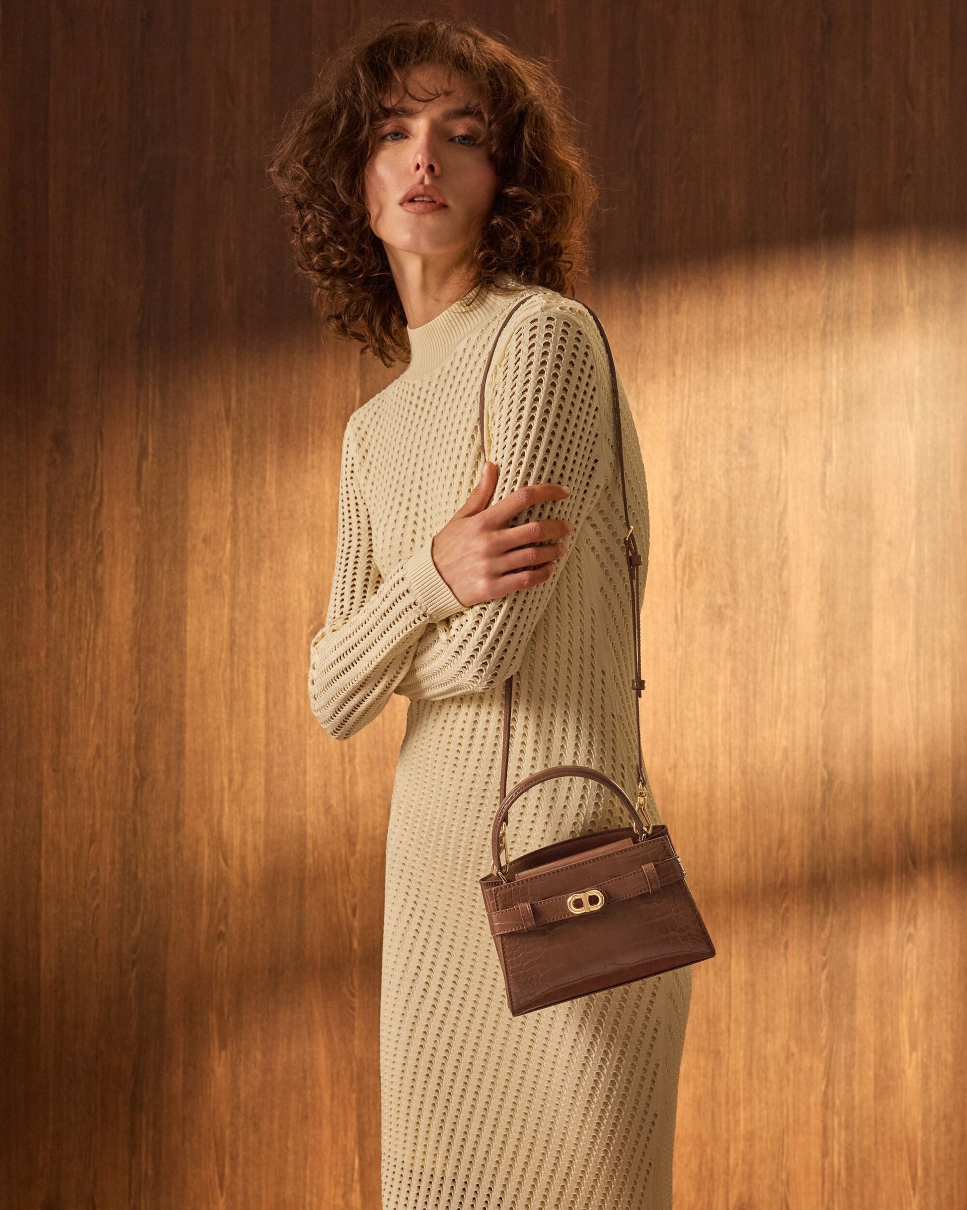 Aubrielle Croc-Effect Belted Top Handle Bag - Chocolate Croco | CHARLES & KEITH