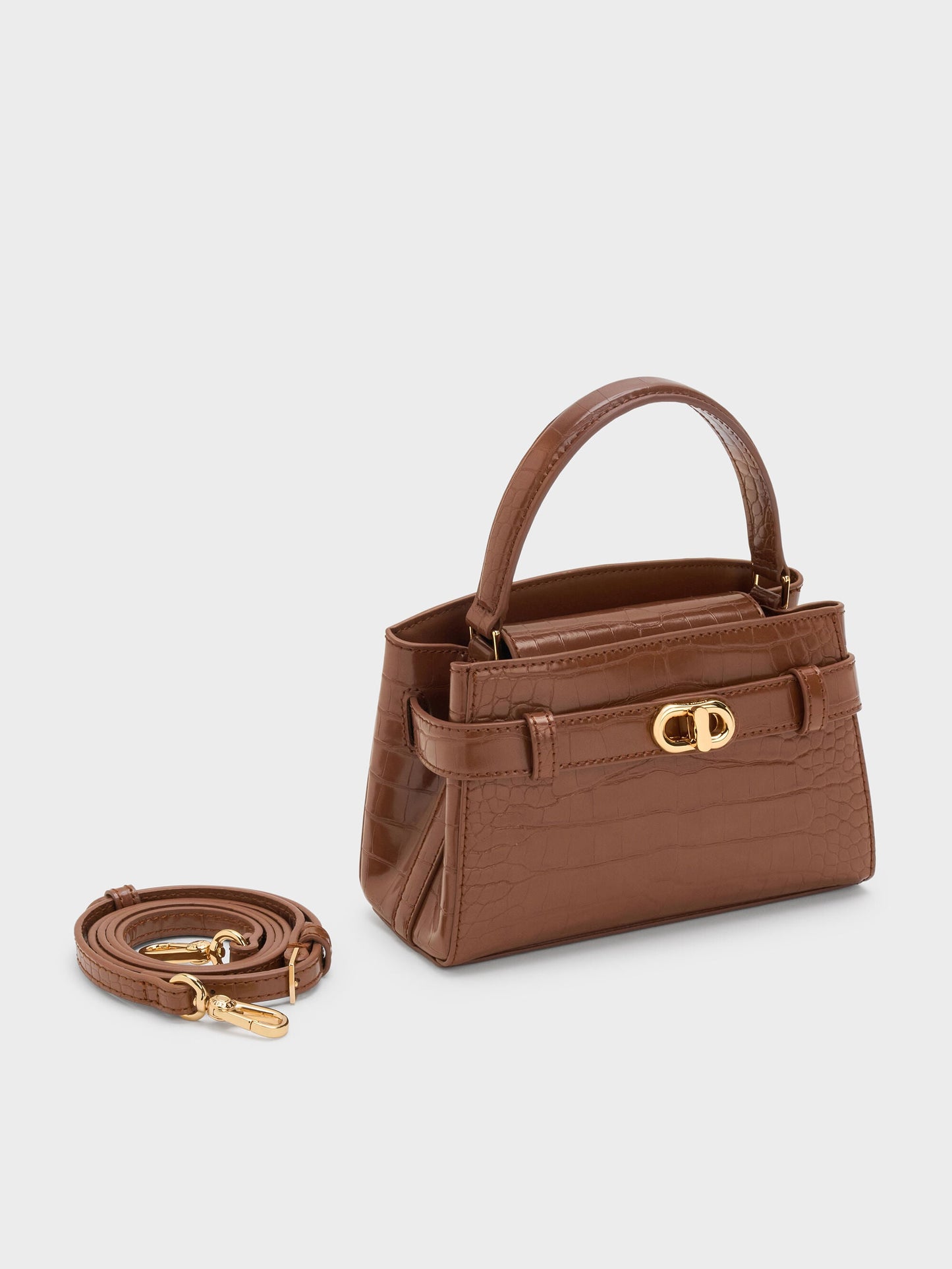 Aubrielle Croc-Effect Belted Top Handle Bag - Chocolate Croco | CHARLES & KEITH